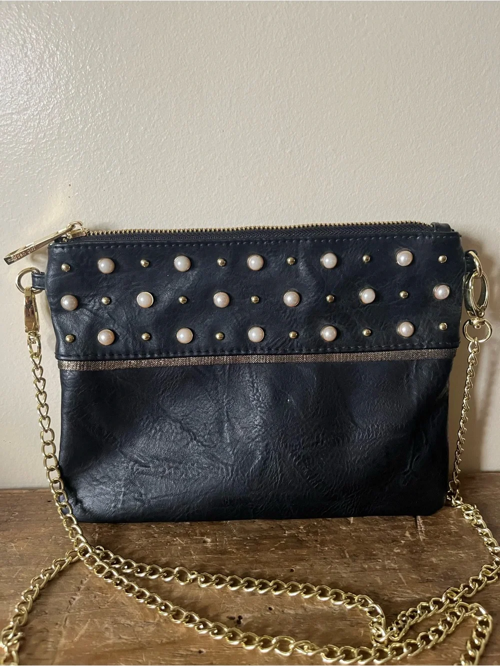Madden Girl Black Faux-Leather Crossbody with Pearl Studs and Gold Chain